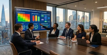 AI governance framework dashboard showing risk classification tiers and compliance monitoring for B2B operations