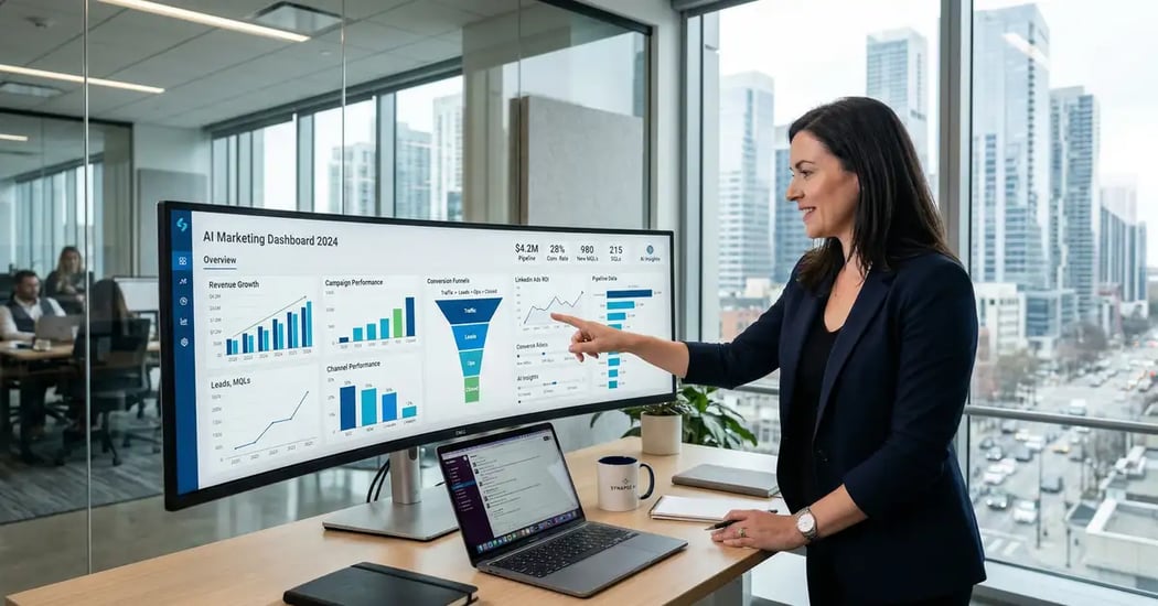 B2B SaaS CEO reviewing AI marketing analytics dashboard with campaign performance metrics and pipeline data in modern office