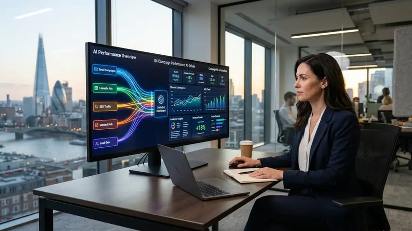 B2B marketing executive reviewing AI-generated campaign performance reports on unified dashboard with data streams