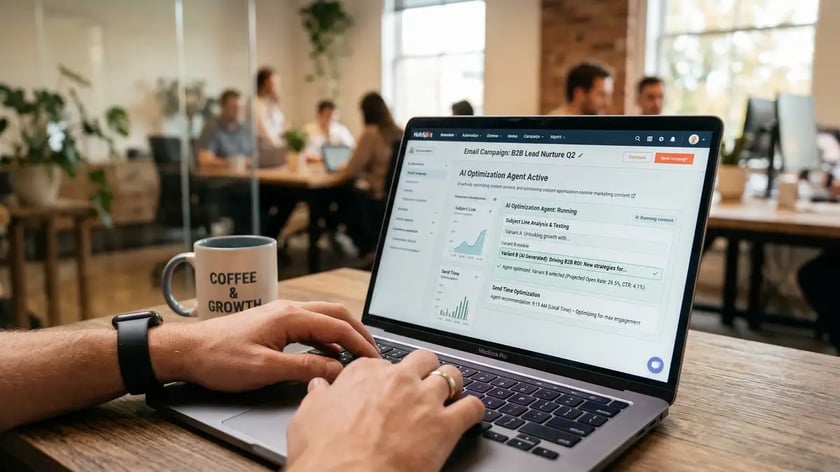 B2B marketer using laptop with AI agent optimizing email subject lines and send times automatically