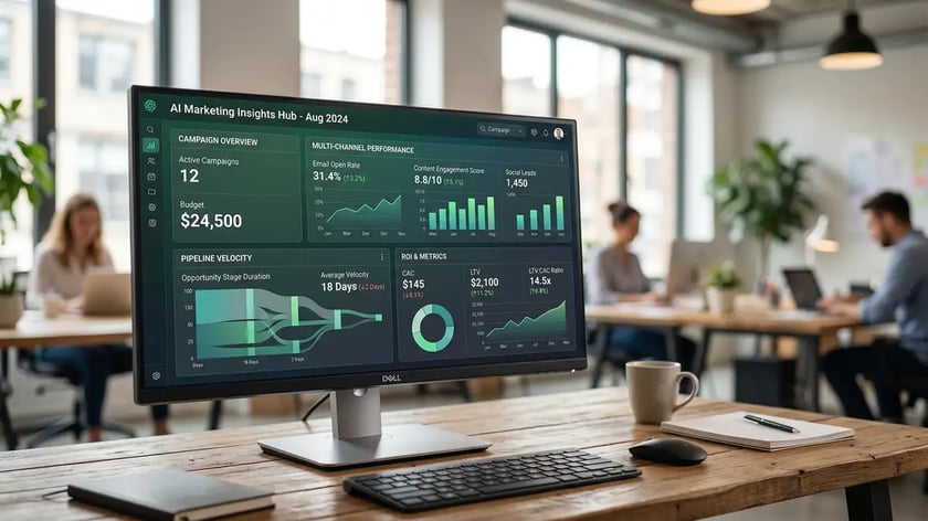 AI marketing dashboard showing multi-channel campaign performance with CAC and LTV ratio visualizations on desktop monitor