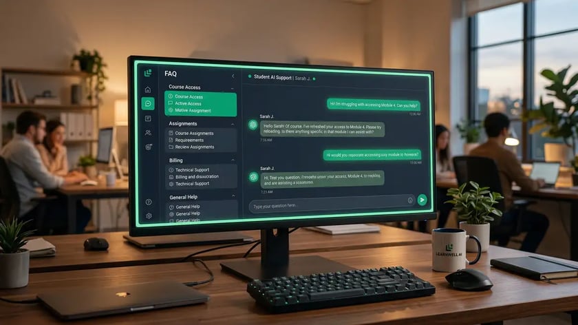 AI onboarding chatbot conversation interface helping a new online course student navigate their first lesson and access support resources