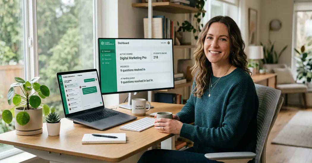 Founder relaxed at desk while an AI onboarding agent automatically handles 90% of new student questions for an online course
