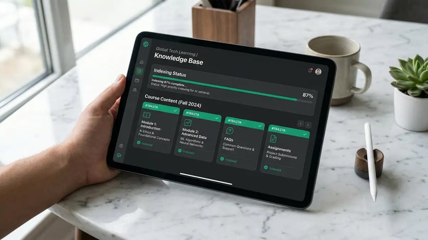 Organised AI knowledge base interface showing course FAQs, policies, and founder voice transcripts feeding an onboarding agent