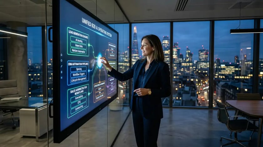 B2B operating system architecture showing AI consulting agency integrations with sales, marketing, and operations infrastructure