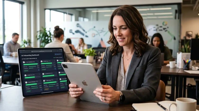 Business founder reviewing AI-powered client onboarding dashboard on tablet showing automated status for multiple clients