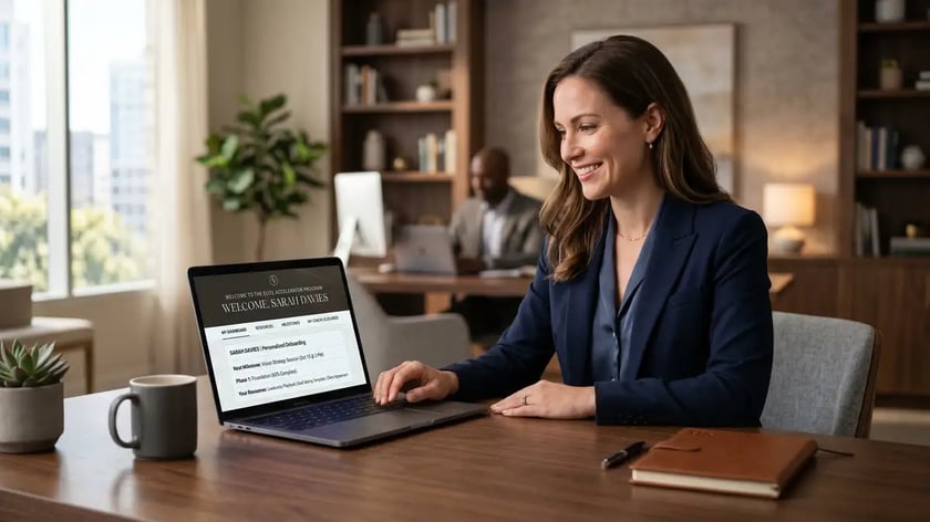 High-end coaching client receiving personalized digital welcome package on laptop with automated onboarding portal showing custom resources