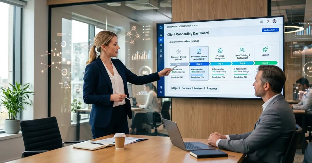 AI-powered client onboarding dashboard showing automated workflow timeline with accelerated onboarding stages in a modern consulting office