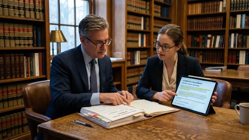 Law firm partner and junior associate reviewing AI-generated case summary with highlighted citations on tablet