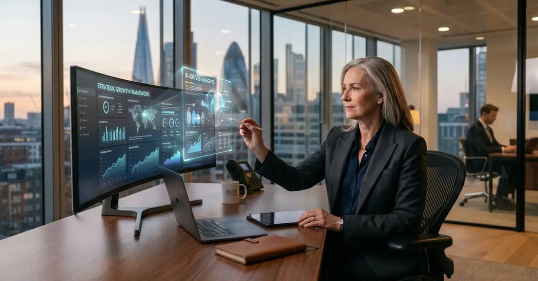 Senior partner reviewing an AI-generated client deliverable on a large monitor in a glass-walled consulting office