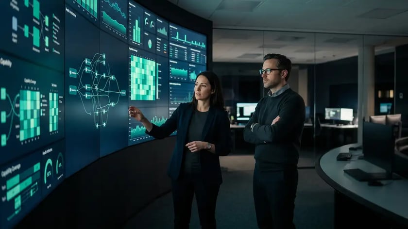 Modern B2B operations control centre with multiple displays showing real-time AI agent orchestration dashboards and health indicators