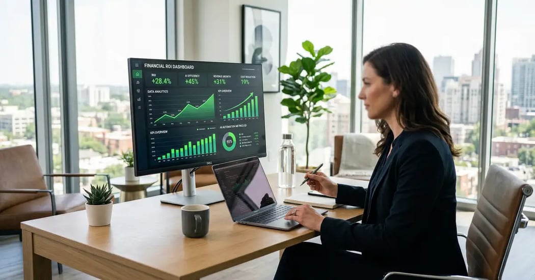 Modern executive office with ROI dashboard displaying AI automation metrics and green upward-trending charts