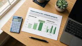 ROI calculation workspace flat lay with financial reports and calculator