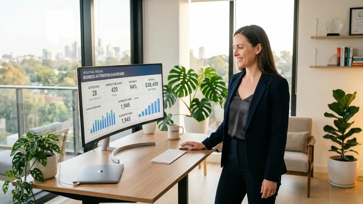 Business founder working at standing desk with automation dashboards showing operational freedom