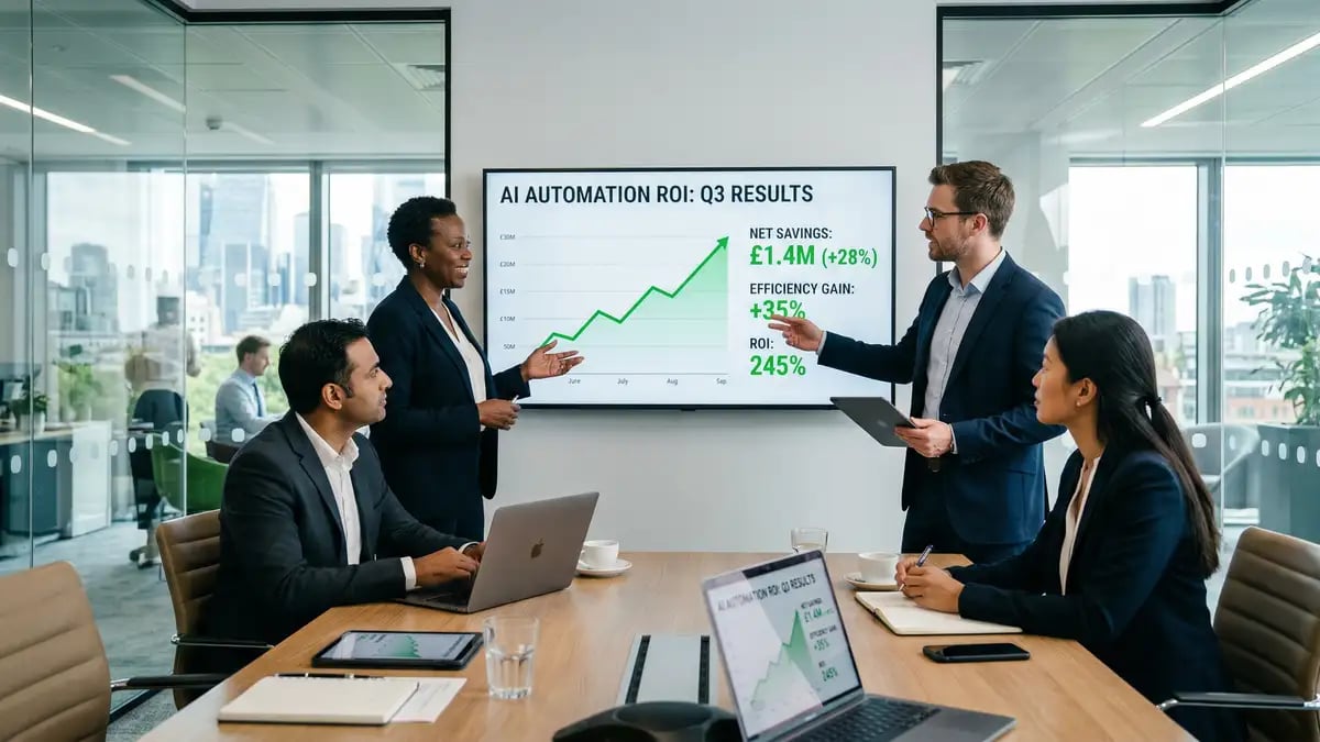 B2B executive team reviewing AI automation ROI metrics in a modern conference room