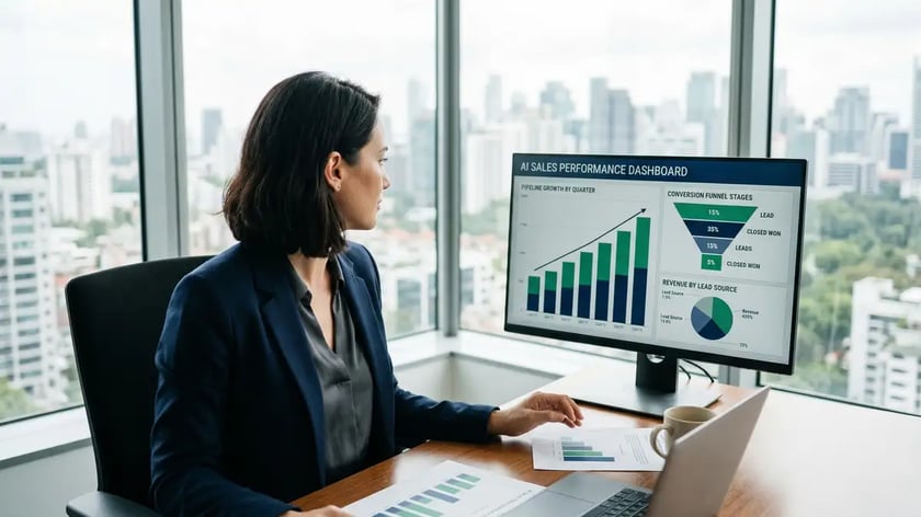 B2B executive reviewing AI sales performance pipeline growth charts and conversion funnels on monitor