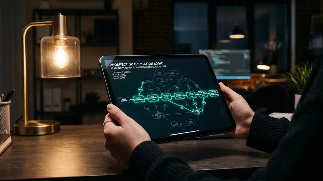 Illustrated concept of an autonomous AI sales agent routing prospect data through a decision graph with tool calls and memory