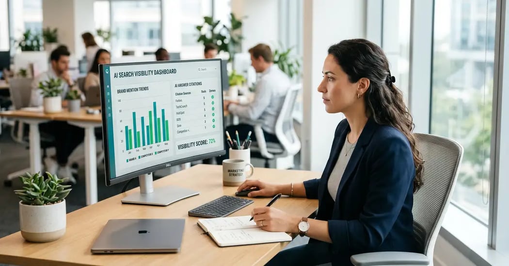 A B2B marketer reviewing an AI search visibility dashboard showing brand mention charts and AI answer citations