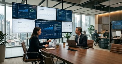 AI SEO agency team analyzing generative search optimization data on dashboards showing GEO and AEO performance metrics