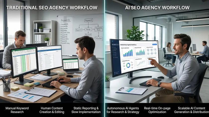 Side-by-side comparison of traditional SEO agency manual workflow versus AI SEO agency autonomous optimization workflow