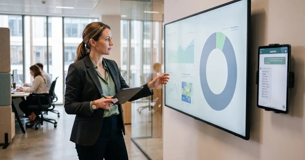 A marketing executive studying a traffic dashboard where AI referrals are a thin slice, beside a screen listing vendor names in an AI answer