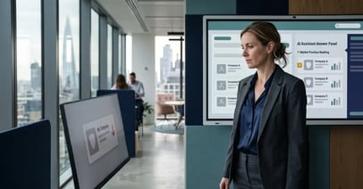 B2B marketing executive reviewing an AI assistant answer panel that names three competitors while her own company sits greyed out on a side monitor