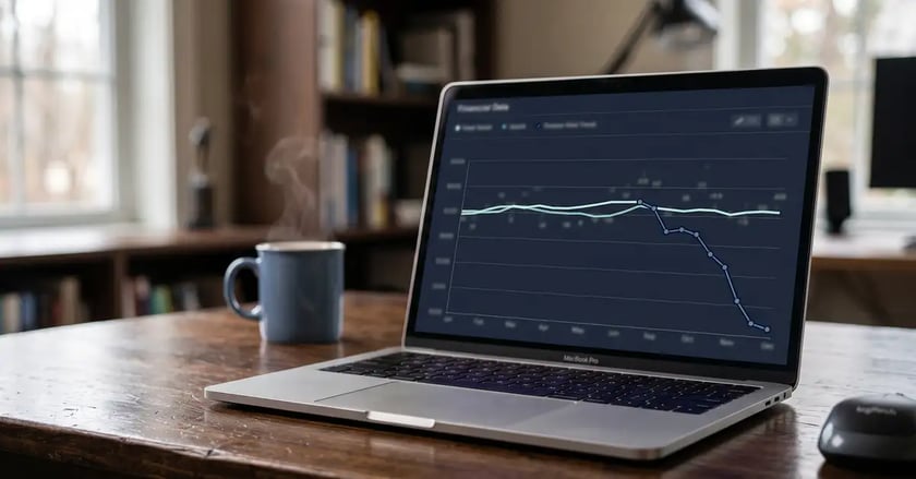 Two divergent trend lines on a laptop screen showing organic impressions holding while clicks fall away, the AI visibility collapse signature