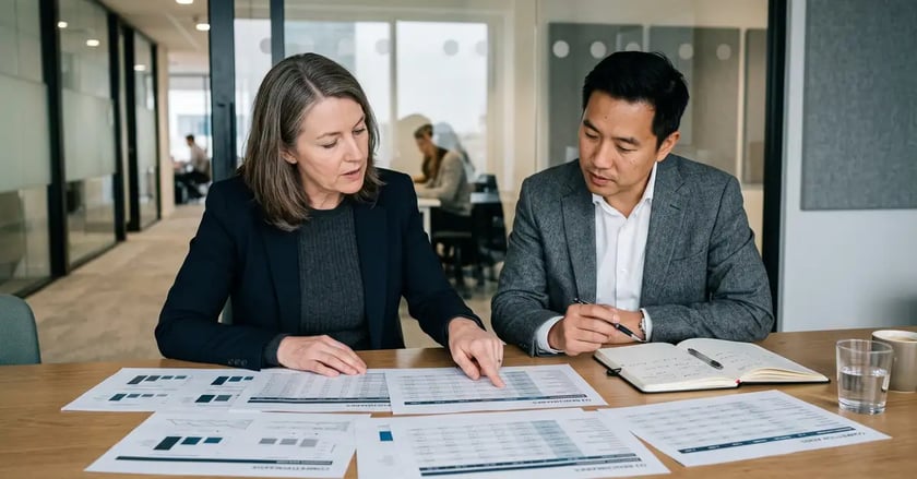 Two B2B marketing leaders reviewing printed AI visibility benchmark tables by category in a meeting room