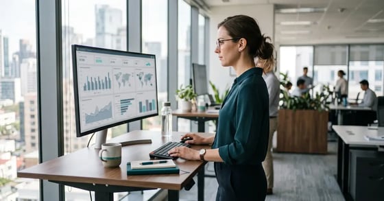 An analyst reviewing an AI visibility benchmark dashboard by category at a standing desk in natural light