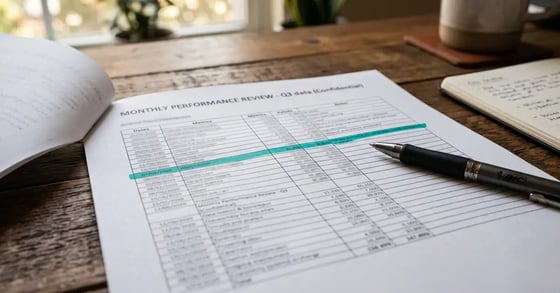 A printed AI visibility benchmark report page with one category row highlighted in teal and a pen resting beside it