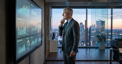 A marketing executive studying AI visibility benchmark charts by category on a large office display at dawn