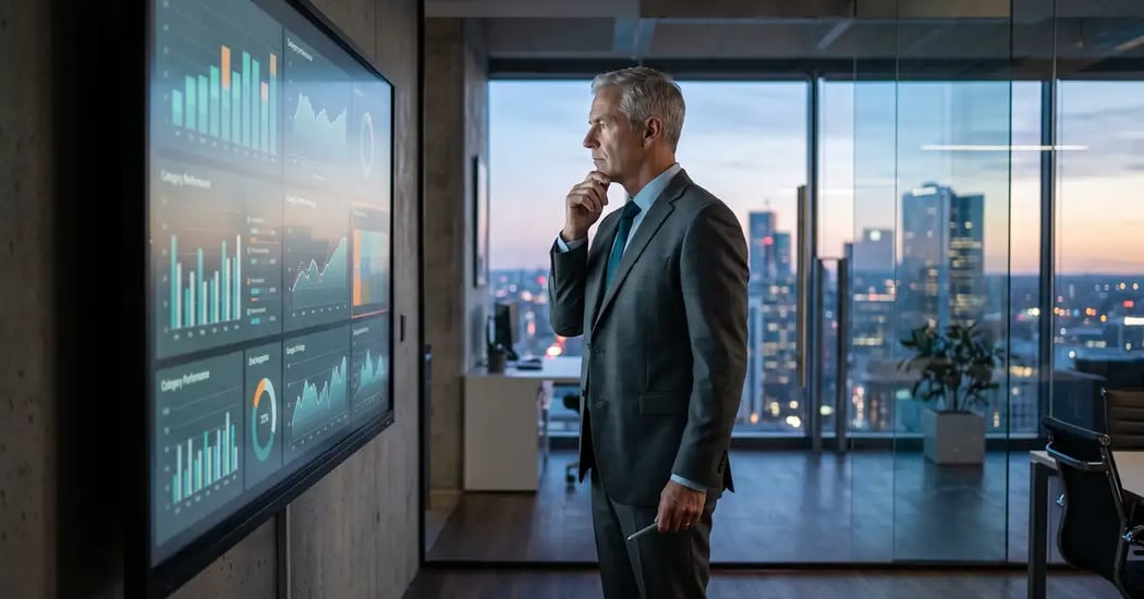 A marketing executive studying AI visibility benchmark charts by category on a large office display at dawn