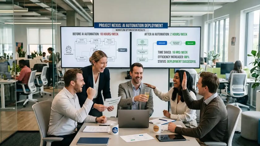 B2B team reviewing AI workflow automation results on a collaborative screen showing improved operational metrics