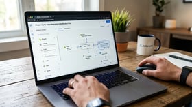 Business professional configuring an AI workflow automation platform on a modern dashboard interface