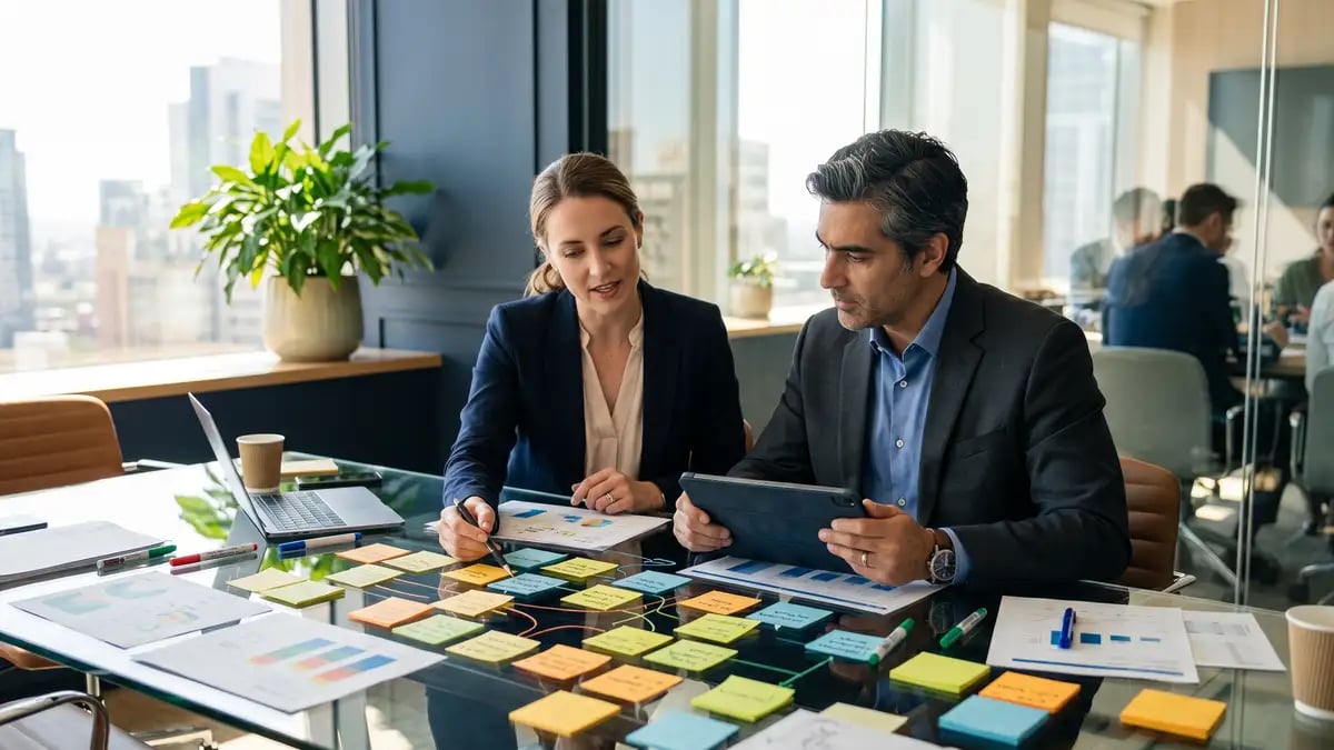 A consultant and client reviewing a process discovery map together