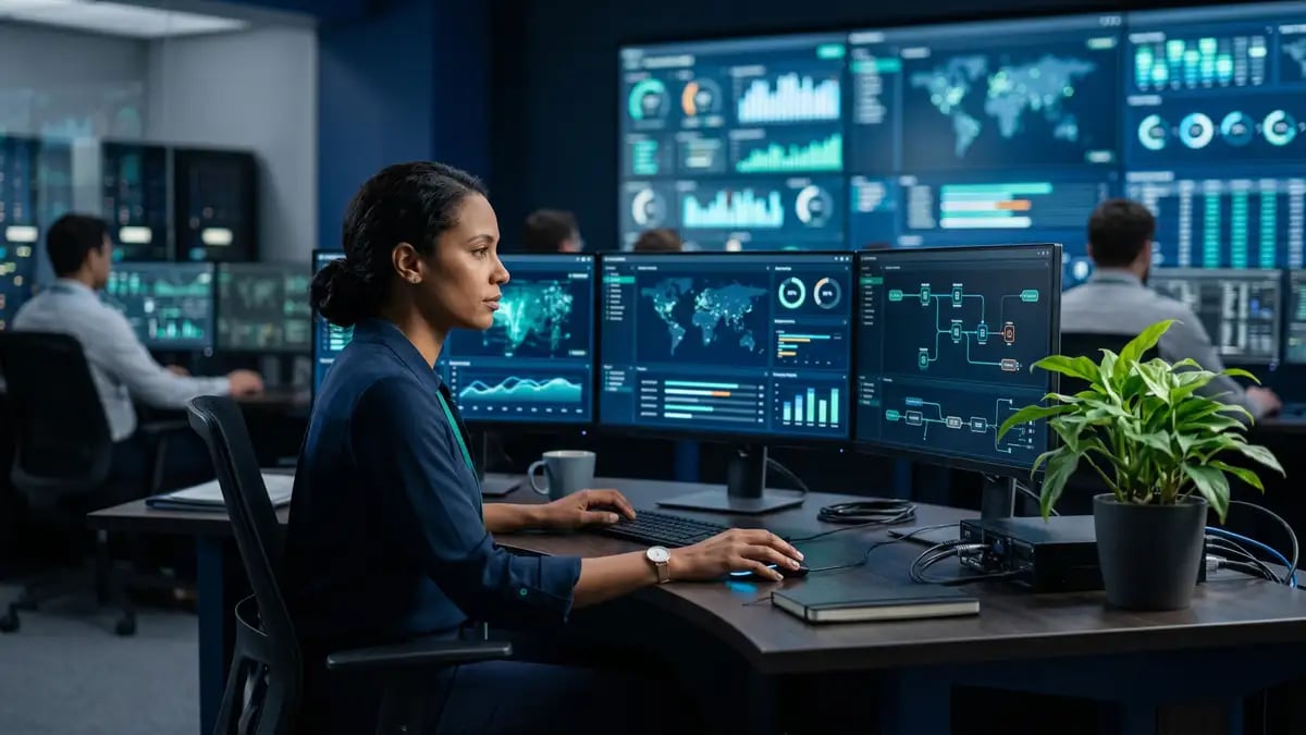 An engineer monitoring autonomous automation systems on multiple screens