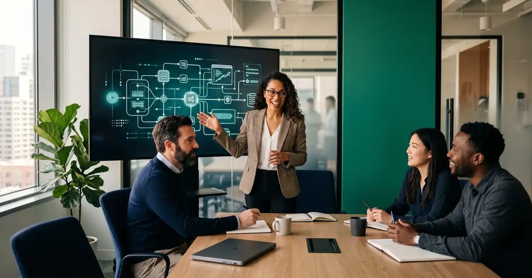 A B2B automation team collaborating on a workflow system in a modern office