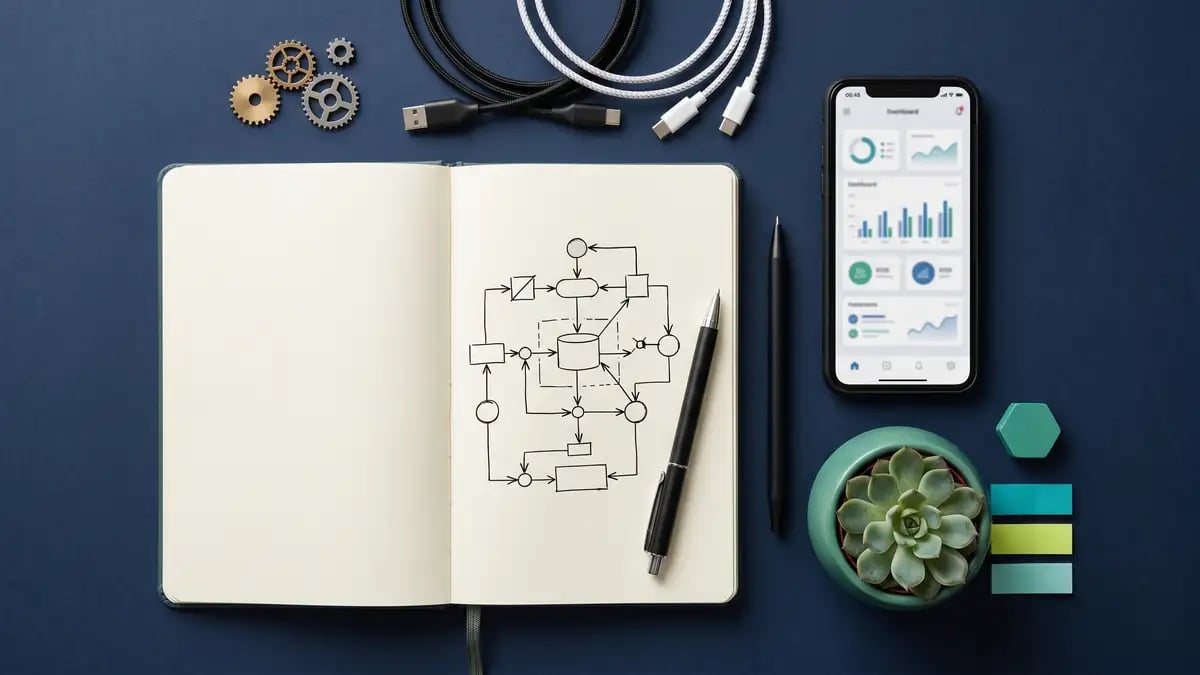 Desk flat-lay representing the full scope of AI automation services