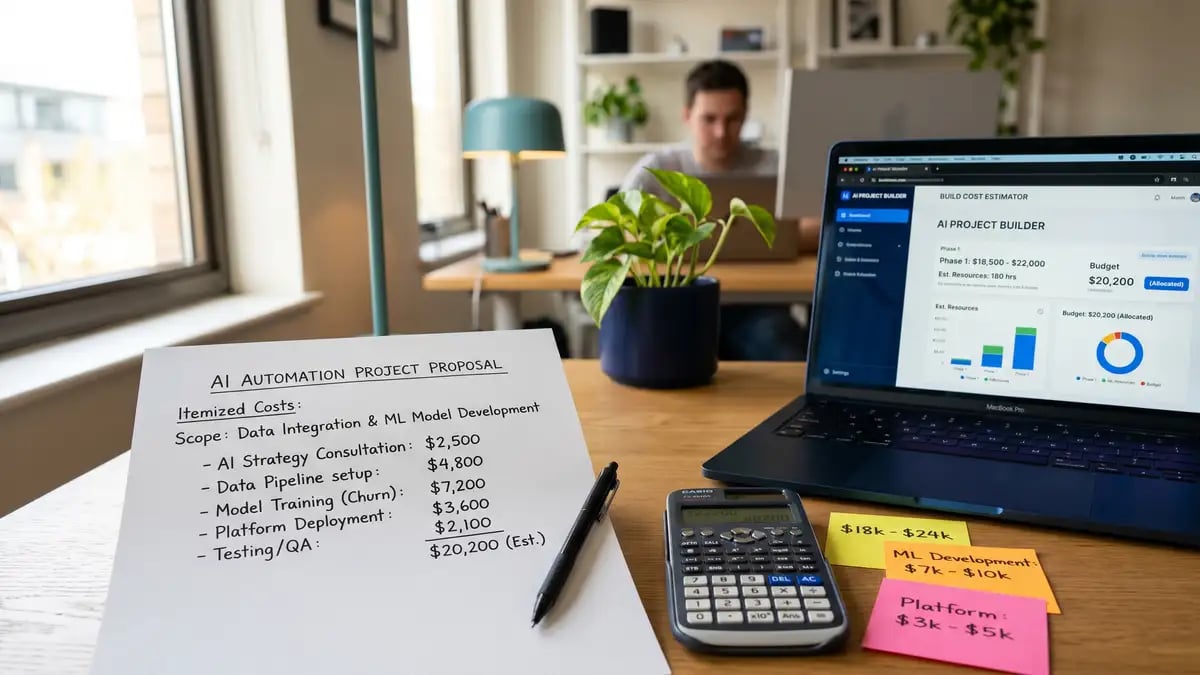 Itemized AI automation project quote with a build cost estimator, calculator, and dollar-range sticky notes