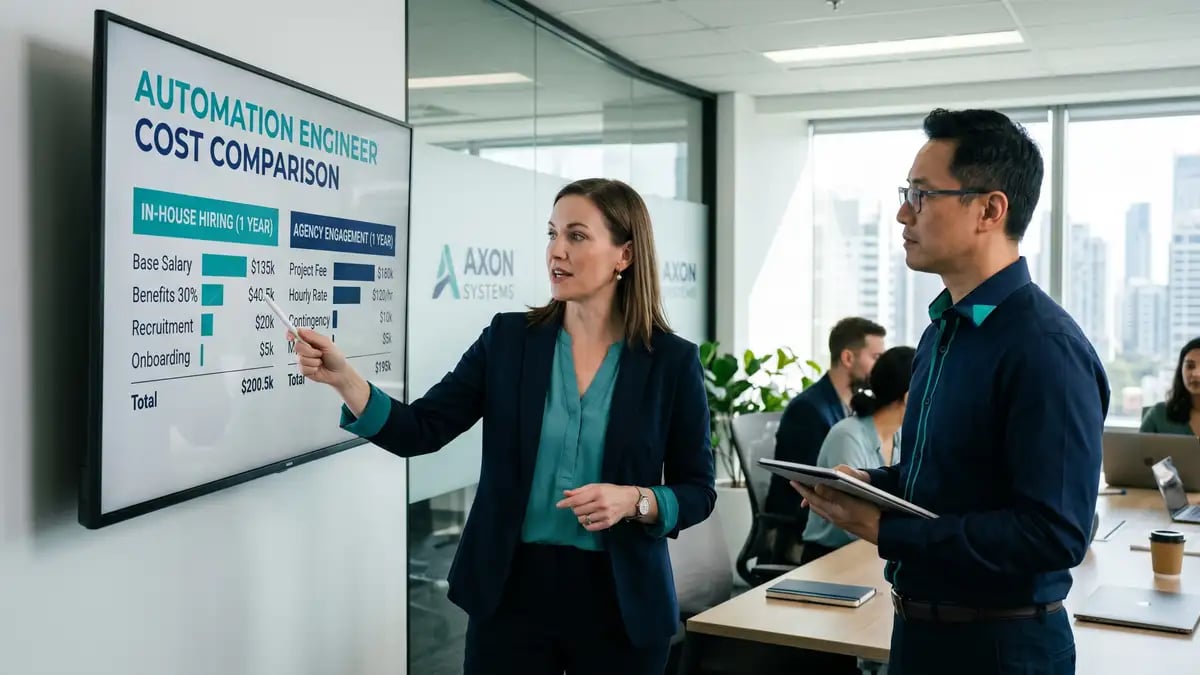 A finance leader and an operations leader comparing the cost of an in-house automation engineer versus an agency