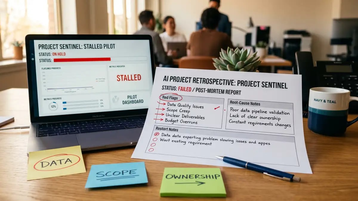 An AI project post-mortem document with red flags and root-cause notes beside a stalled pilot dashboard
