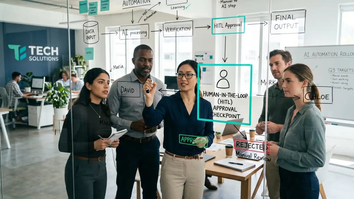 A cross-functional team mapping a business process on a glass wall before building, with a human-in-the-loop checkpoint