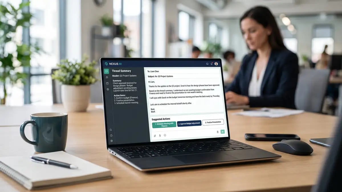 Laptop screen showing an AI assistant drafting a reply and summarising a long email thread