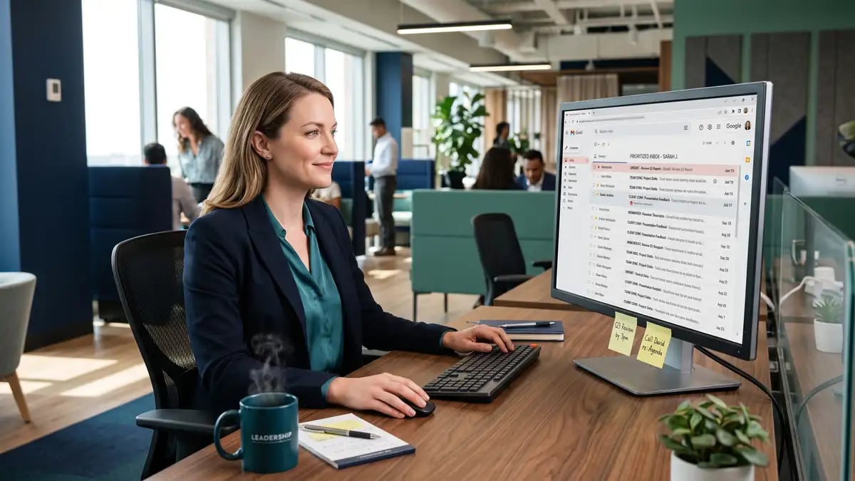 Executive reviewing a prioritised, organised inbox on a large monitor