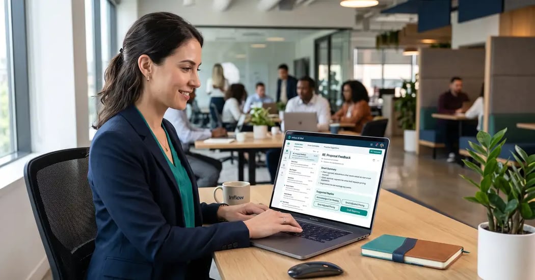 B2B professional using an AI email assistant with a tidy inbox on a laptop