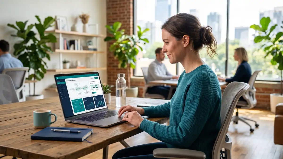 A marketer using an AI marketing automation tool with automated campaigns generating on screen