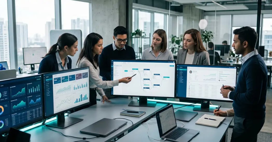 A B2B operations team evaluating a range of AI automation tools on large monitors