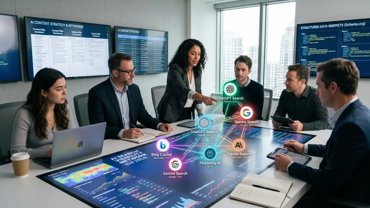 B2B marketing team analysing AI search visibility data and answer engine optimization strategy on interactive displays