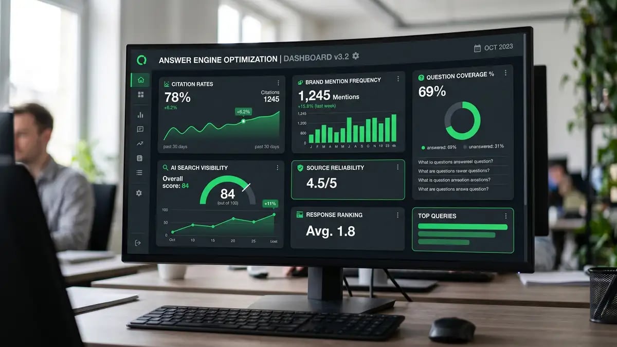 Analytics dashboard displaying answer engine optimization metrics including citation rates and AI search visibility scores