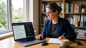 Content strategist reviewing structured FAQ content and schema markup code for answer engine optimization